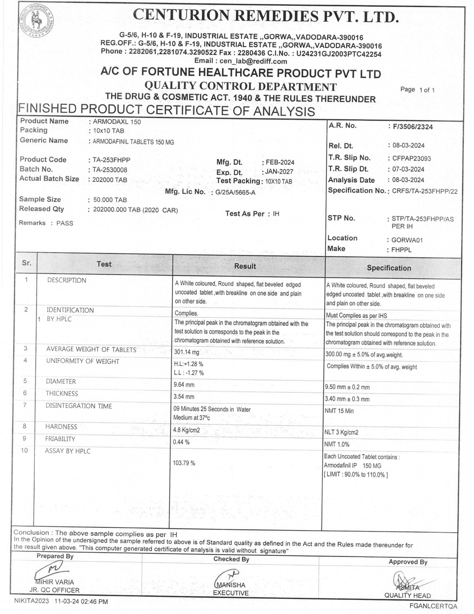 Certificate of Analysis ArmodaXL 150 mg